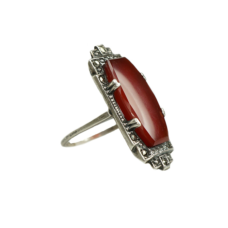 Art Deco Sterling Carnelian Marcasite Ring - Gem Set Love