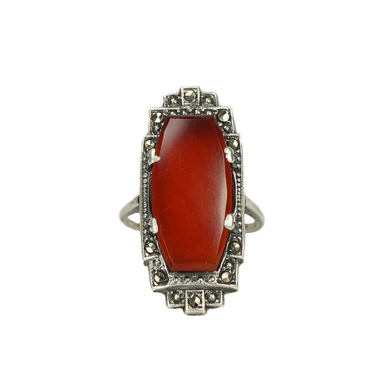 Art Deco Sterling Carnelian Marcasite Ring - Gem Set Love