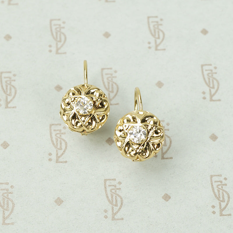 Fancy Vintage Yellow Gold Diamond Drop Earrings