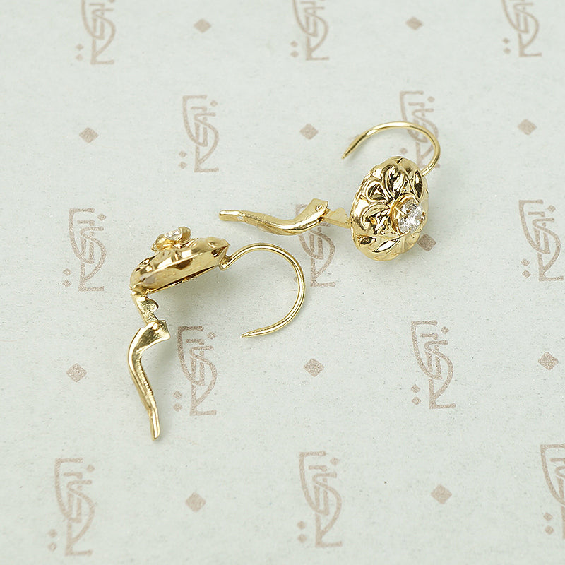 Fancy Vintage Yellow Gold Diamond Drop Earrings