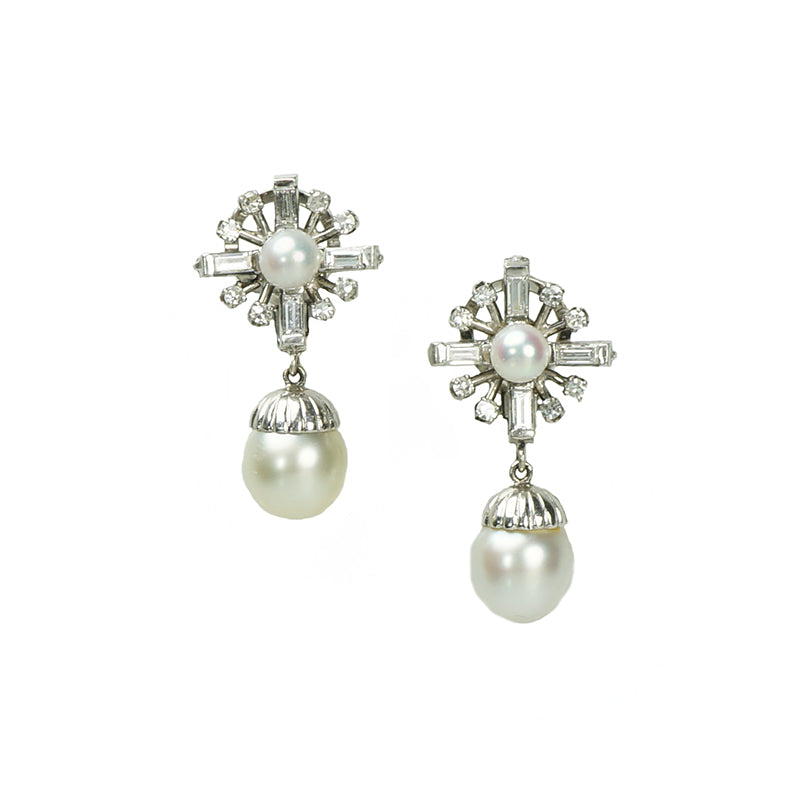 Gorgeous Vintage Pearl and Diamond Drop Earrings - Gem Set Love