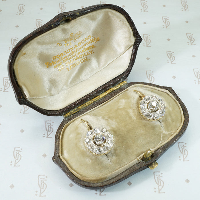old mine cut diamond cluster earrings in their original fitted box