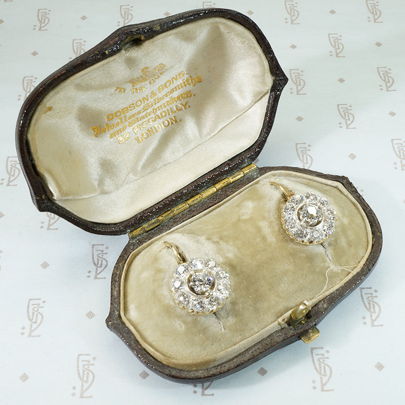 old mine cut diamond cluster earrings in their original fitted box
