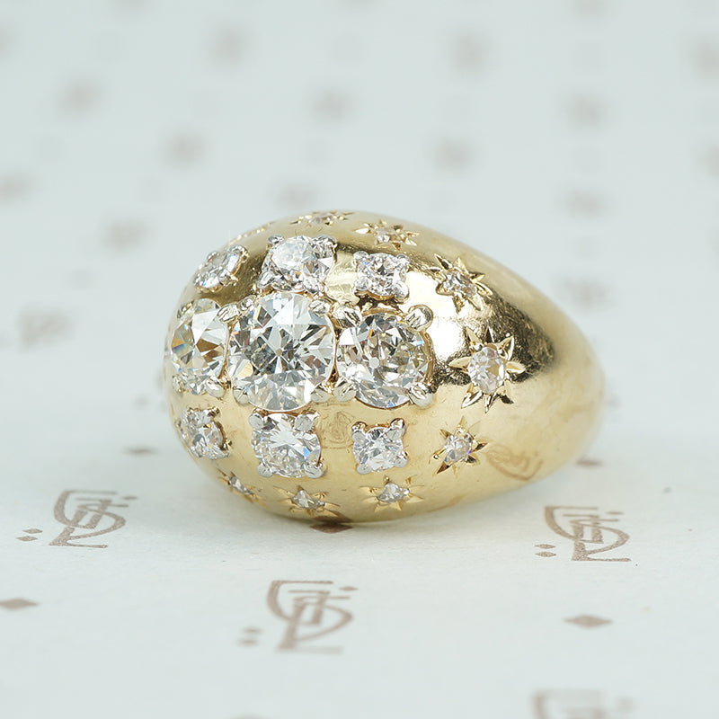 vintage diamond covered 14k yellow gold Bombé ring side view