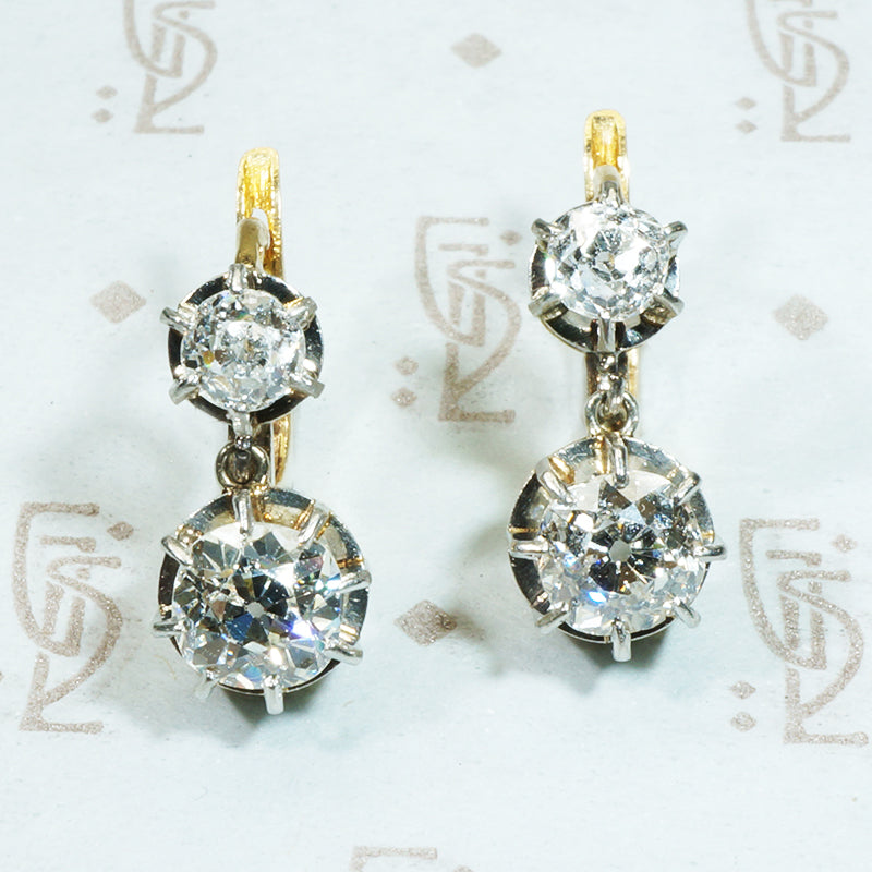 platinum and 18k yellow gold old mine cut diamond drop earrings french hallmarked 1.85tcw