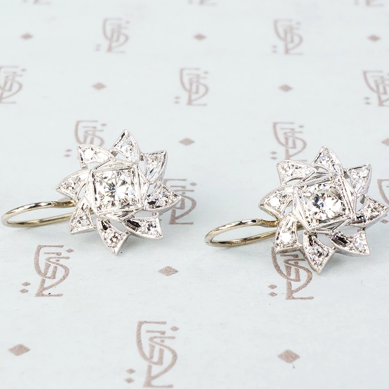 Vintage 1940's White Gold Diamond Pinwheel Earrings