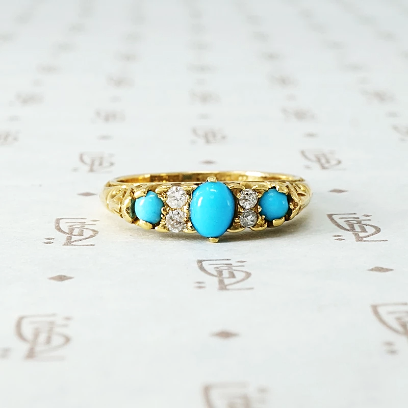 Hallmarked Turquoise and Old Mine Diamond Band
