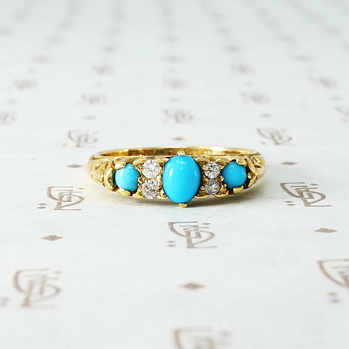 Hallmarked Turquoise and Old Mine Diamond Band