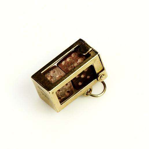 9k Gold Charm Dice in a cage London 1956