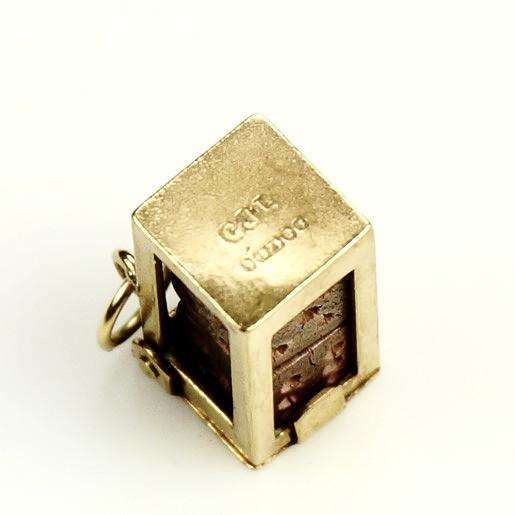 9k Gold Charm Dice in a cage London 1956