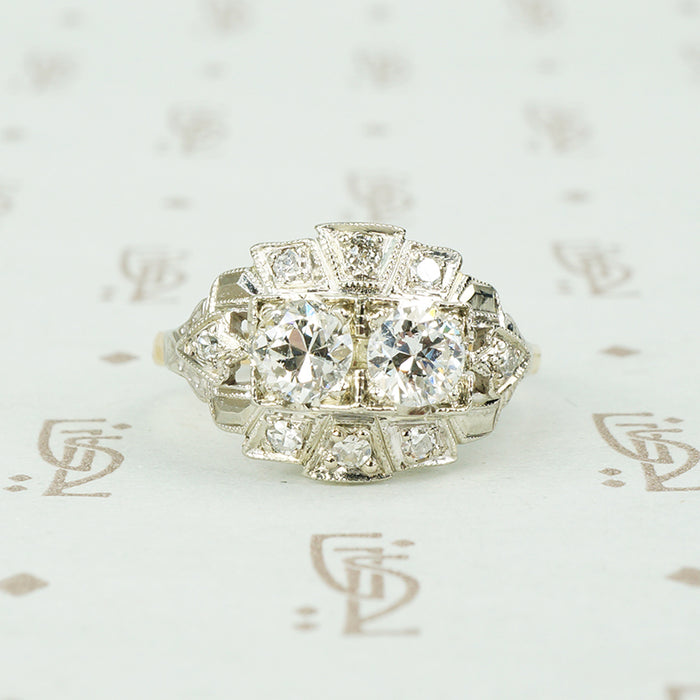 14k 2 tone gold double diamond engagement ring vintage circa 1930-40