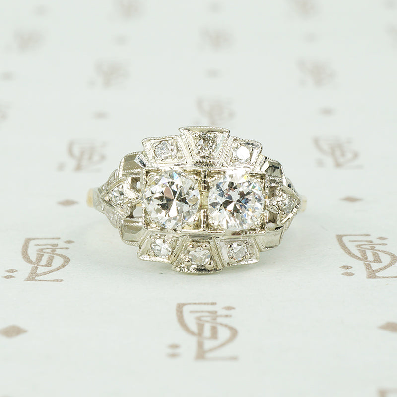 14k 2 tone gold double diamond engagement ring vintage circa 1930-40