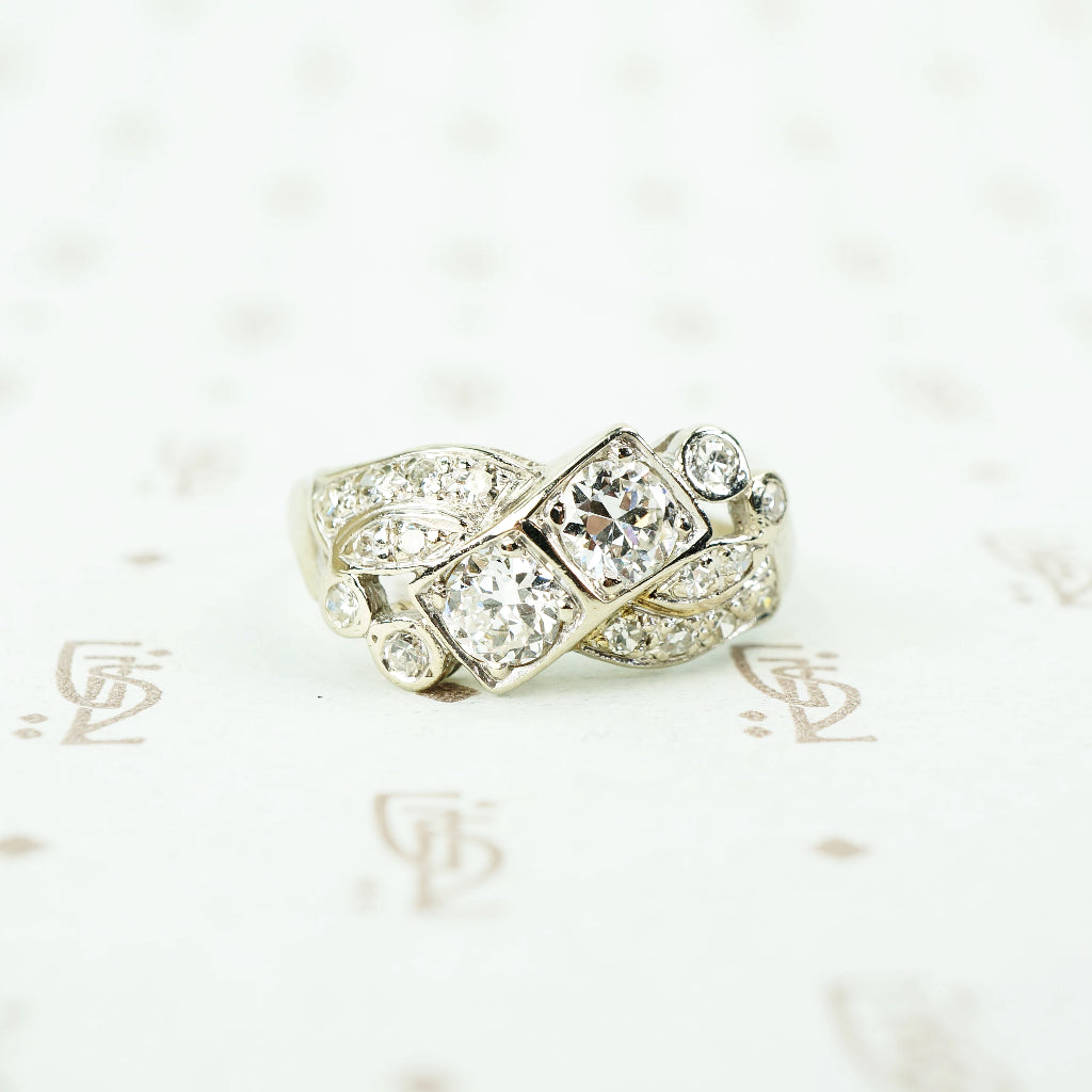 Vintage white gold diamond assymetrical ring circa 1940-50