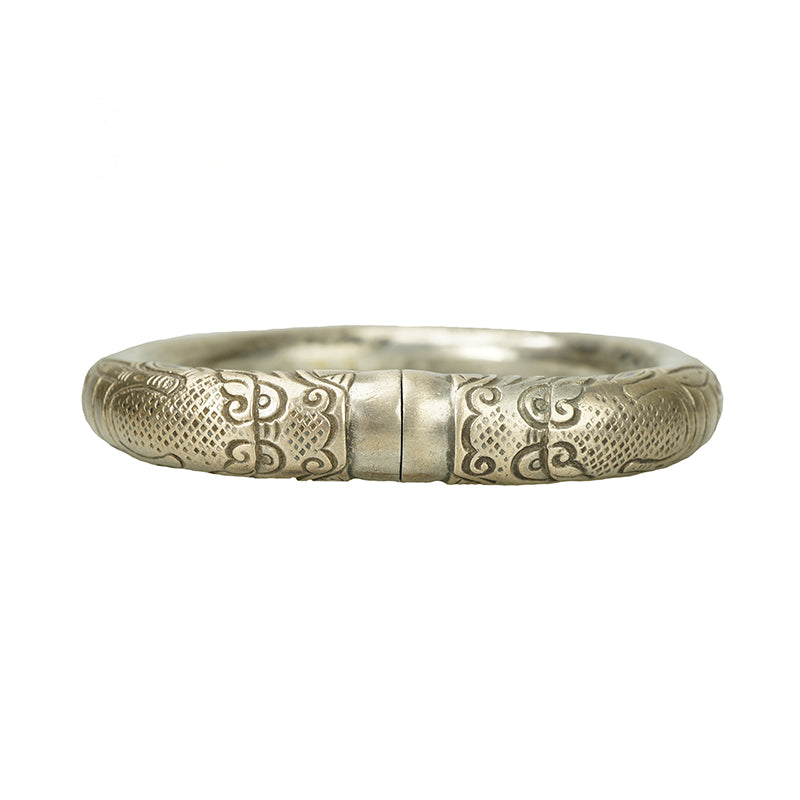 Antique Chinese Silver Split Bangle with Dragons - Gem Set Love