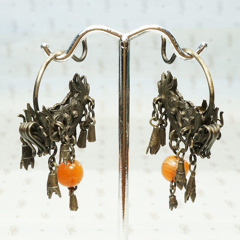 antique chinesse silver dragon earrings with carnelian drops