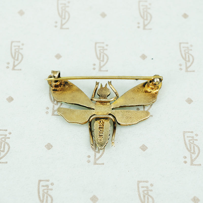 silver gilt enamel moth brooch back