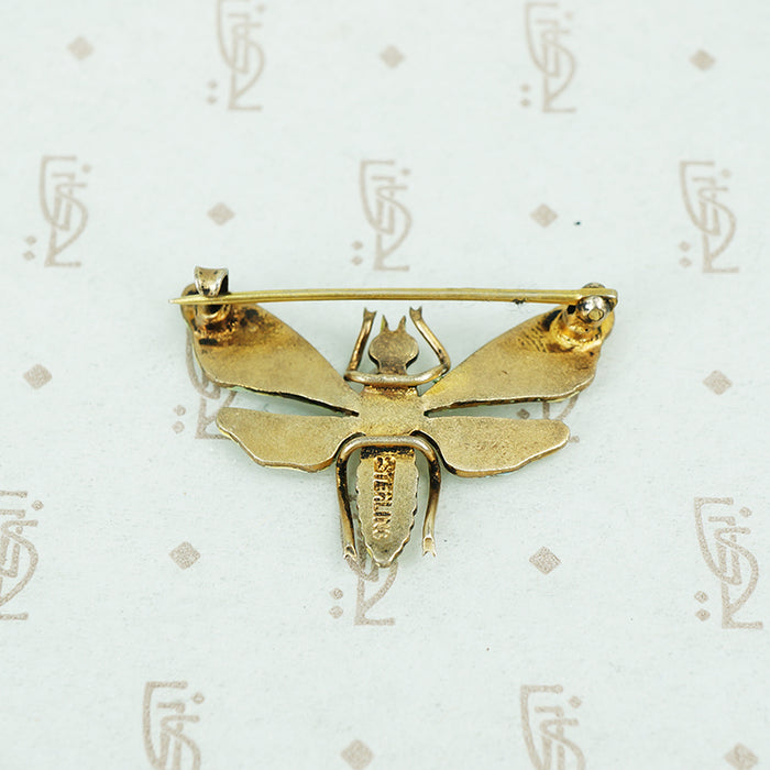 silver gilt enamel moth brooch back