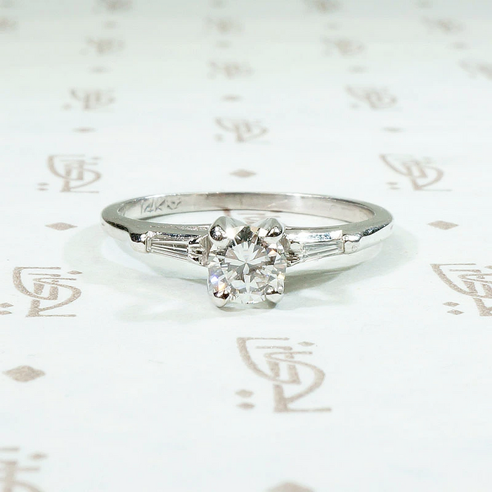 Elegant Mid Century Engagement Ring with Baguettes