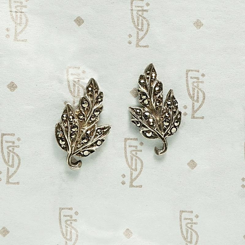 Dramatic Silver and Marcasite Leaf Earrings 