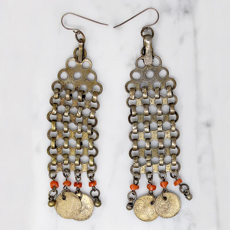 Dramatic Antique Tribal Earrings with Coins and Beads