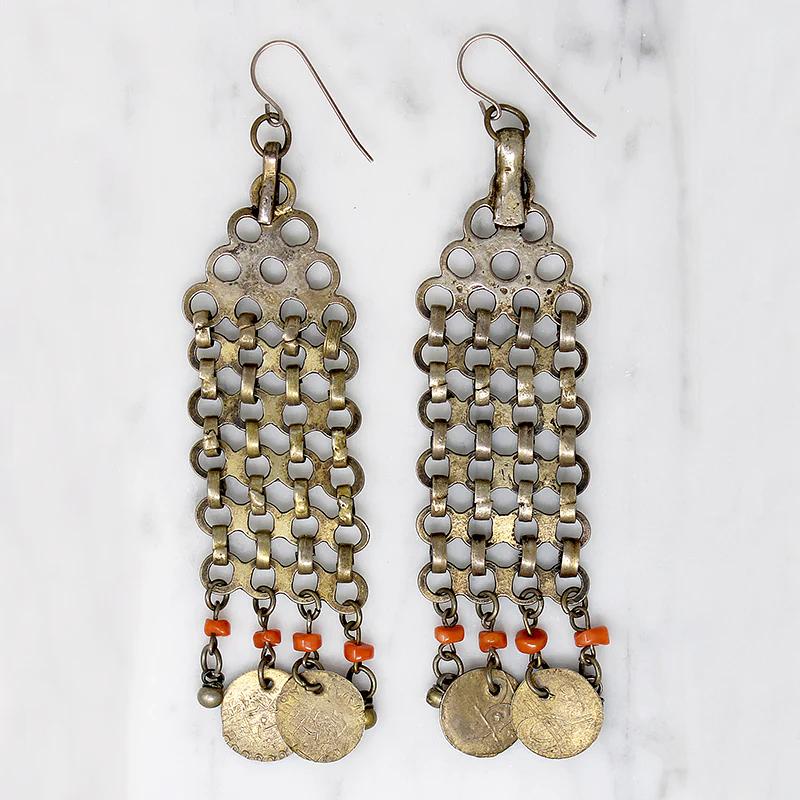 Dramatic Antique Tribal Earrings with Coins and Beads