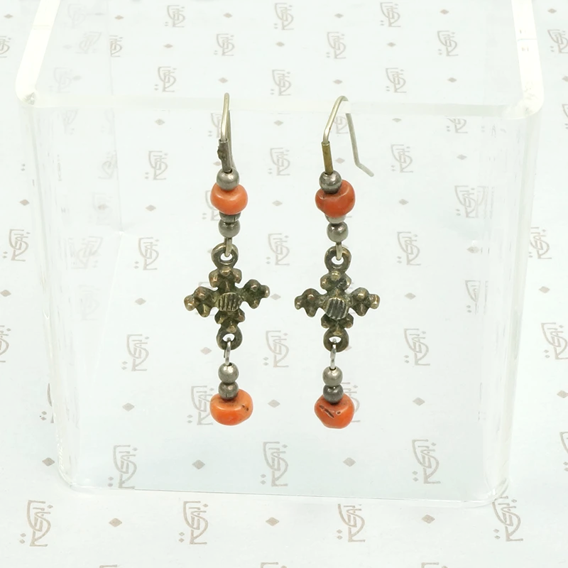 Delicate Ethiopian Brass & Silver Earrings with Coral