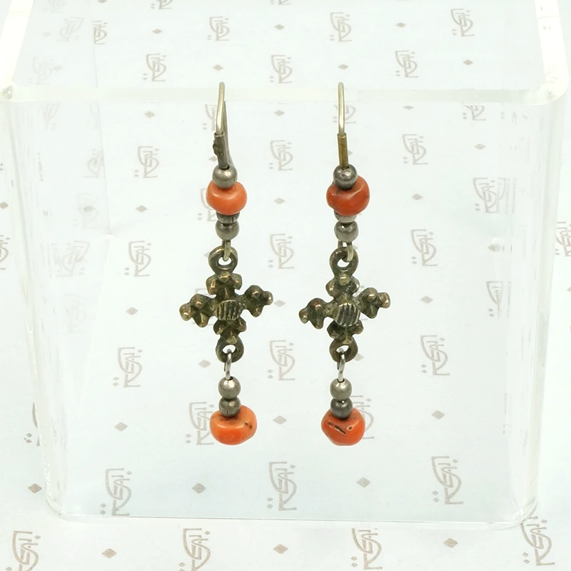 Delicate Ethiopian Brass & Silver Earrings with Coral