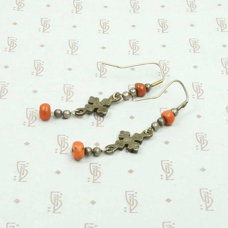 Delicate Ethiopian Brass & Silver Earrings with Coral