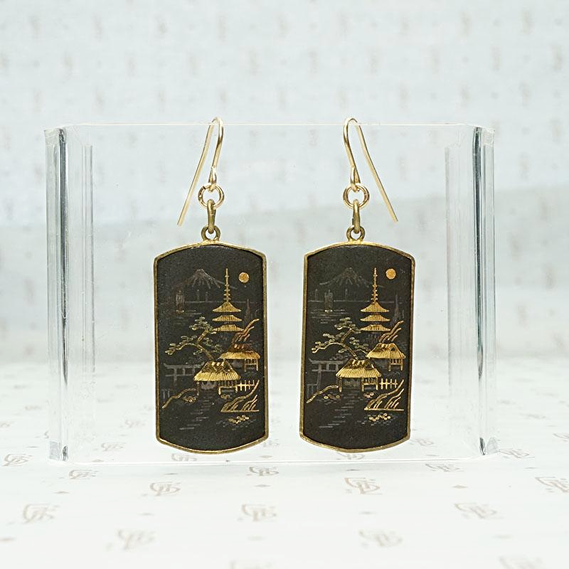 Damascene Japanese Village Panel Earrings