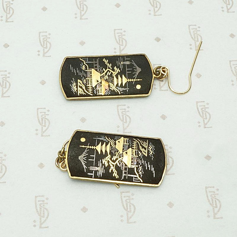 Damascene Japanese Village Panel Earrings