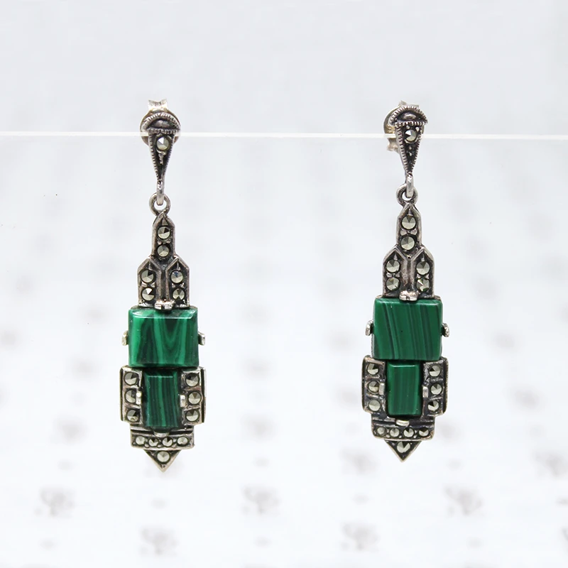 Art Deco Revival Malachite & Marcasite Earrings