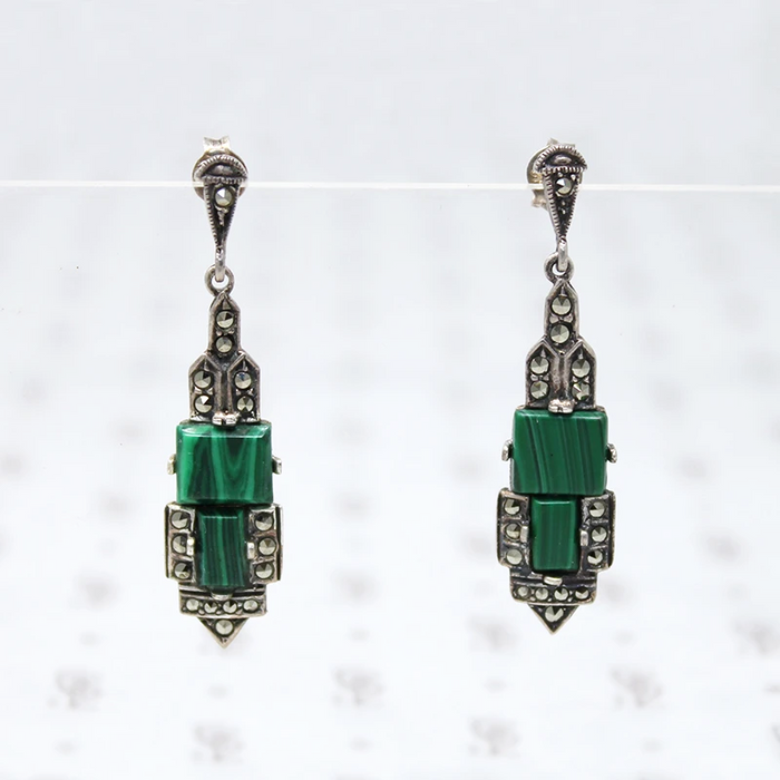 Art Deco Revival Malachite & Marcasite Earrings