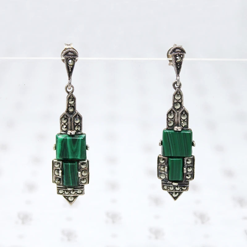 Art Deco Revival Malachite & Marcasite Earrings