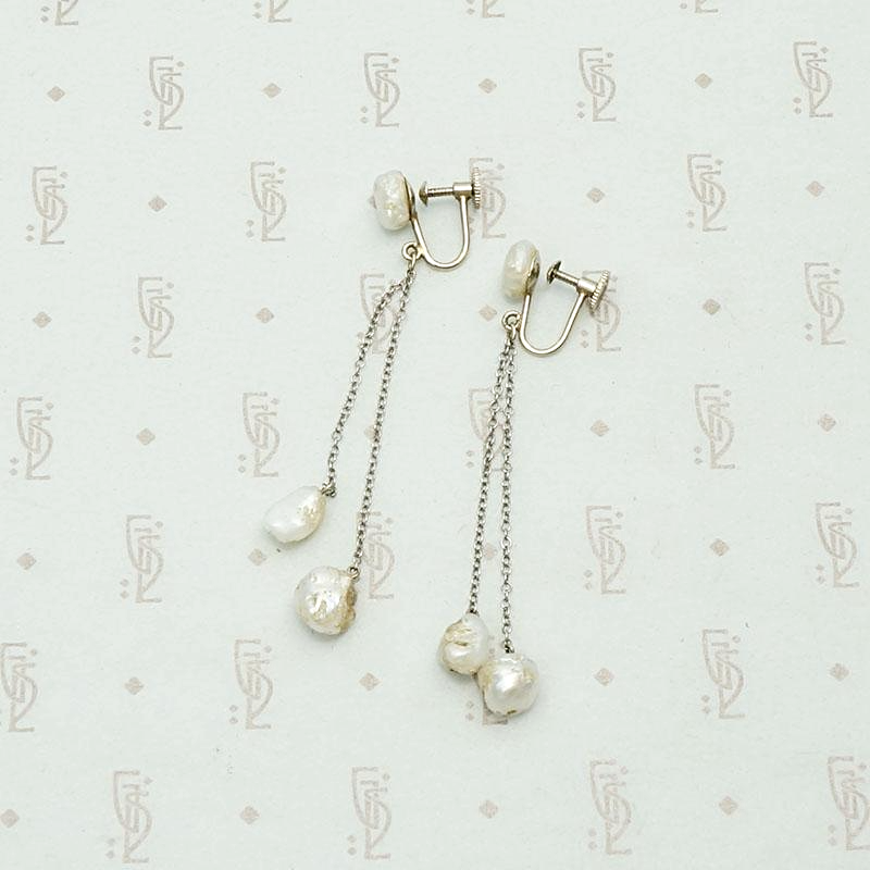 1920s natural pearl & white gold dangle earrings, with screw back