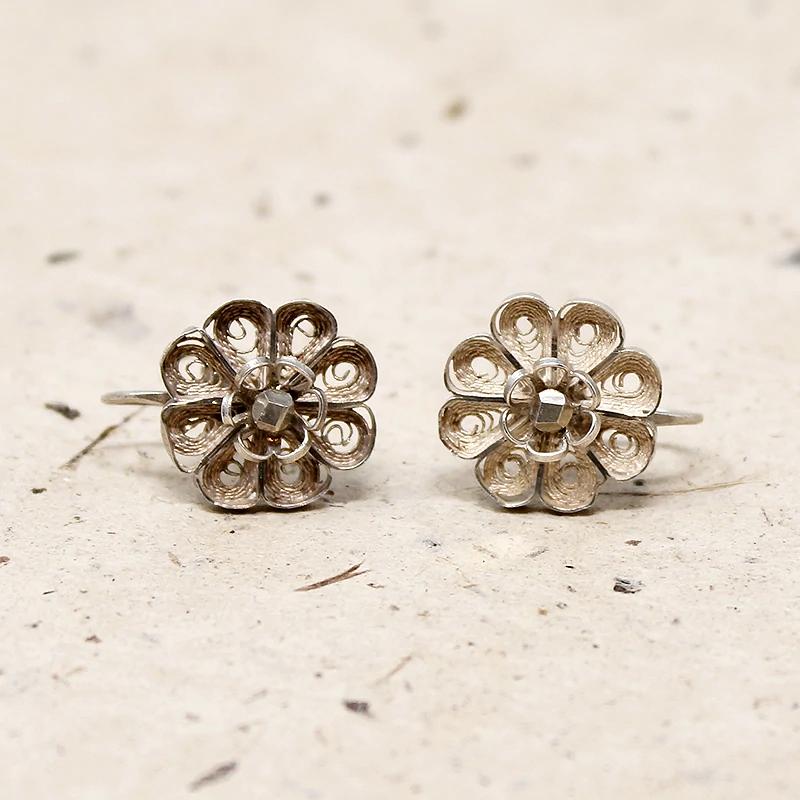 Fanciful Silver Filigree Flower Earrings