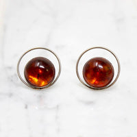 Amber Cabochon Modernist Silver Earrings