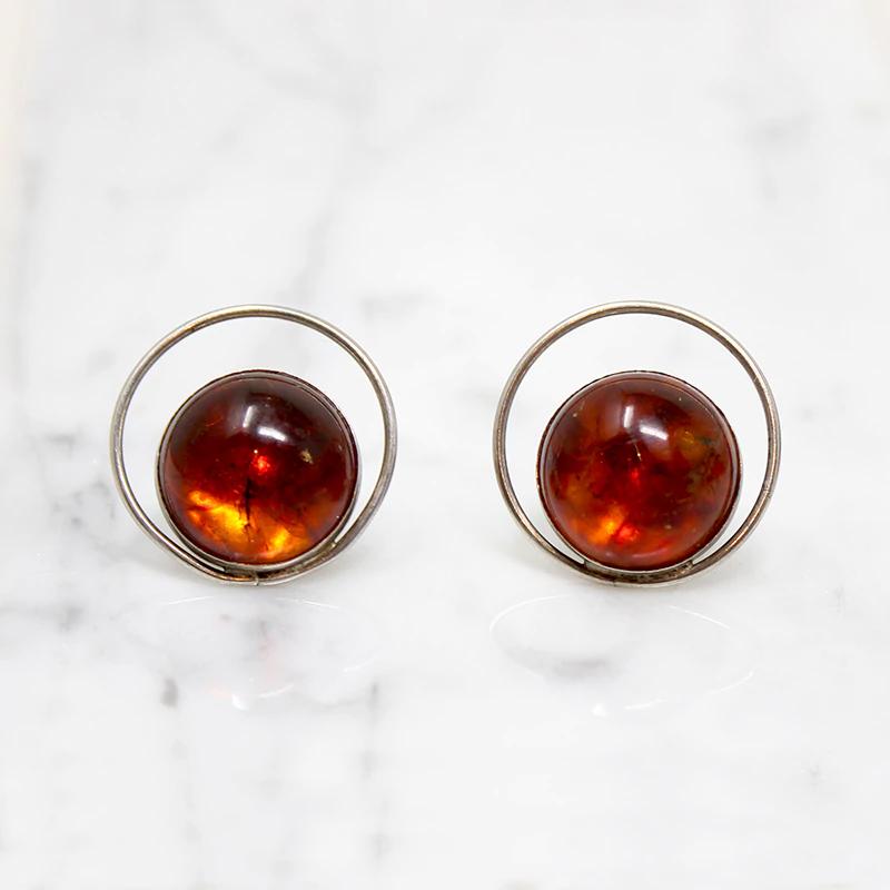 Amber Cabochon Modernist Silver Earrings