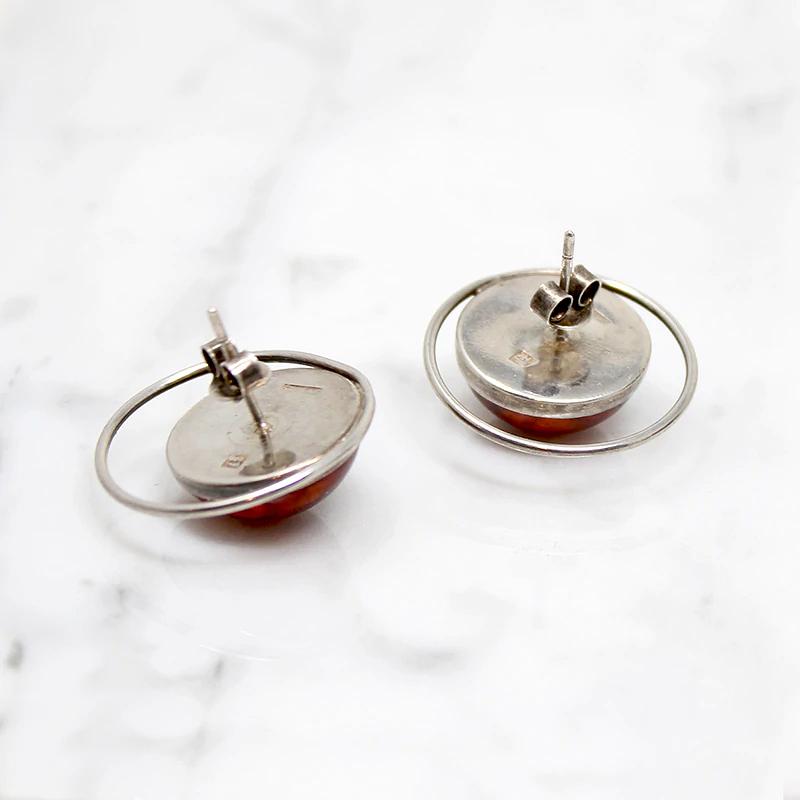 Amber Cabochon Modernist Silver Earrings