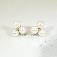 Adorable Pearl & Diamond Clover Stud Earrings