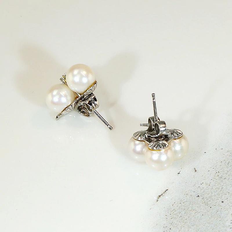 Adorable Pearl & Diamond Clover Stud Earrings