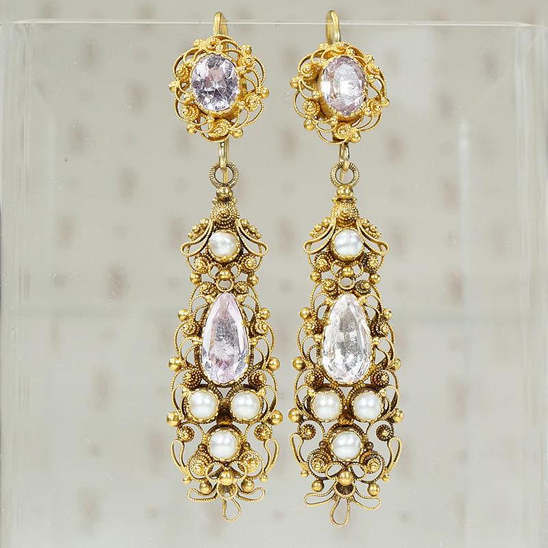 Georgian Topaz & Pearl 18k Cannetille Day to Night Earrings