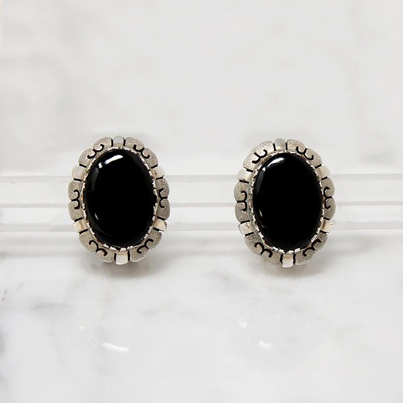 Unusual Onyx Earrings in Ornate Silver Frames