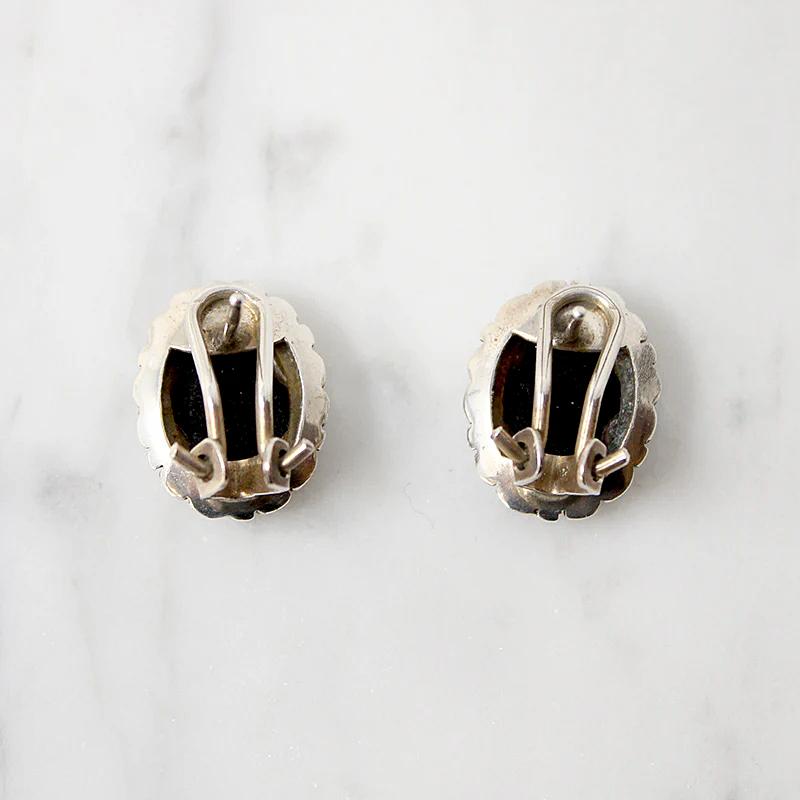 Unusual Onyx Earrings in Ornate Silver Frames