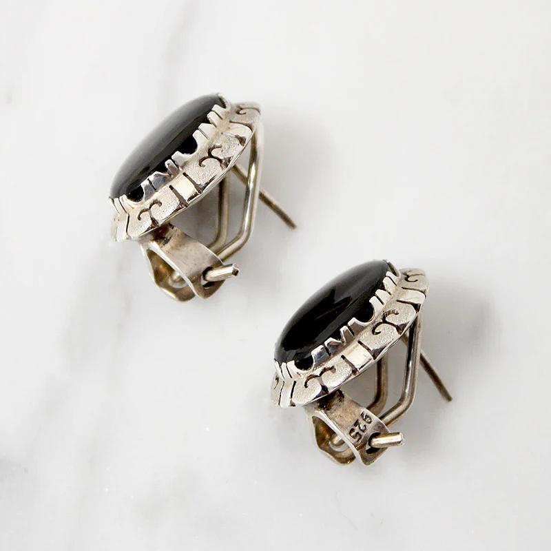 Unusual Onyx Earrings in Ornate Silver Frames