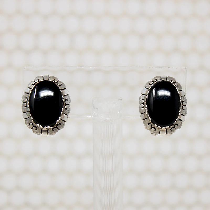Unusual Onyx Earrings in Ornate Silver Frames
