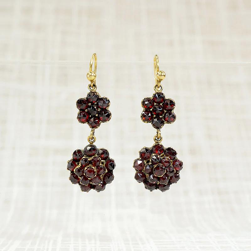 Antique Garnet Cluster Flower Drop Earrings