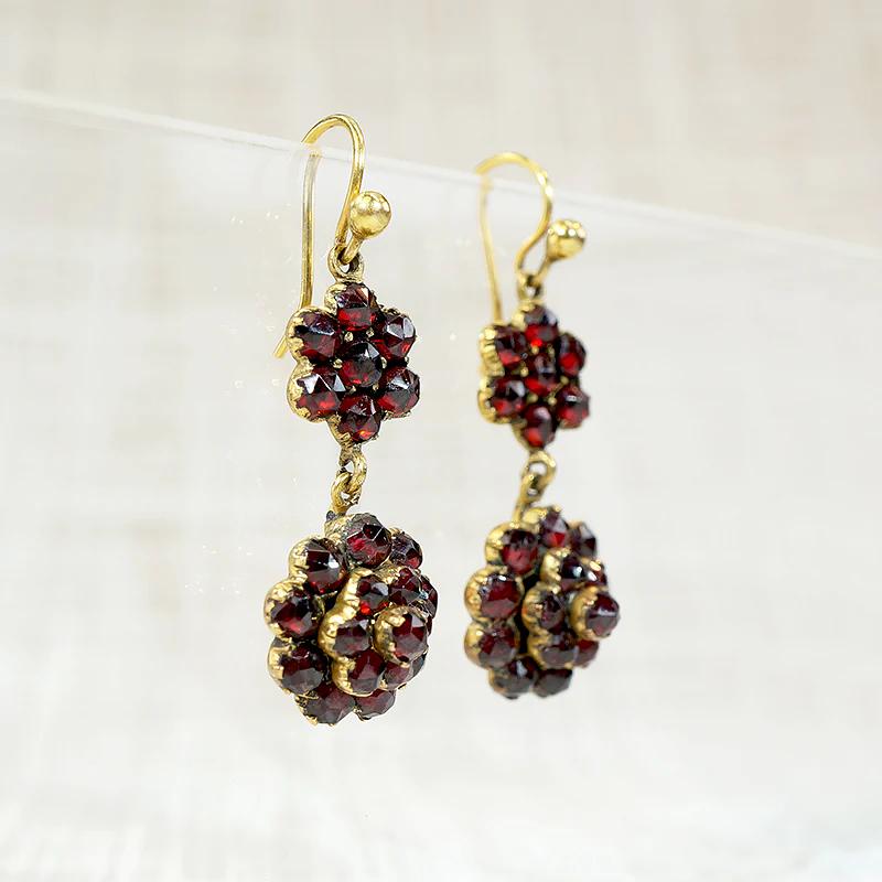 Antique Garnet Cluster Flower Drop Earrings