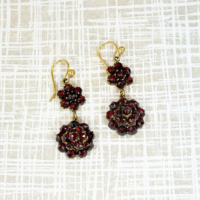 Antique Garnet Cluster Flower Drop Earrings
