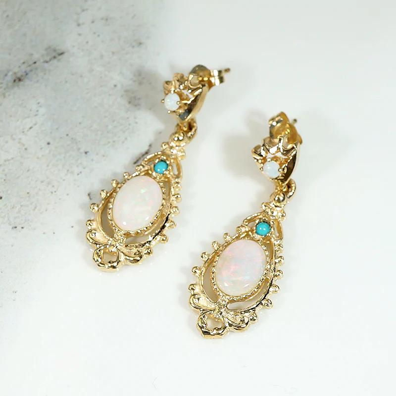 Ornate Opal & Turquoise Victorian Revival Earrings