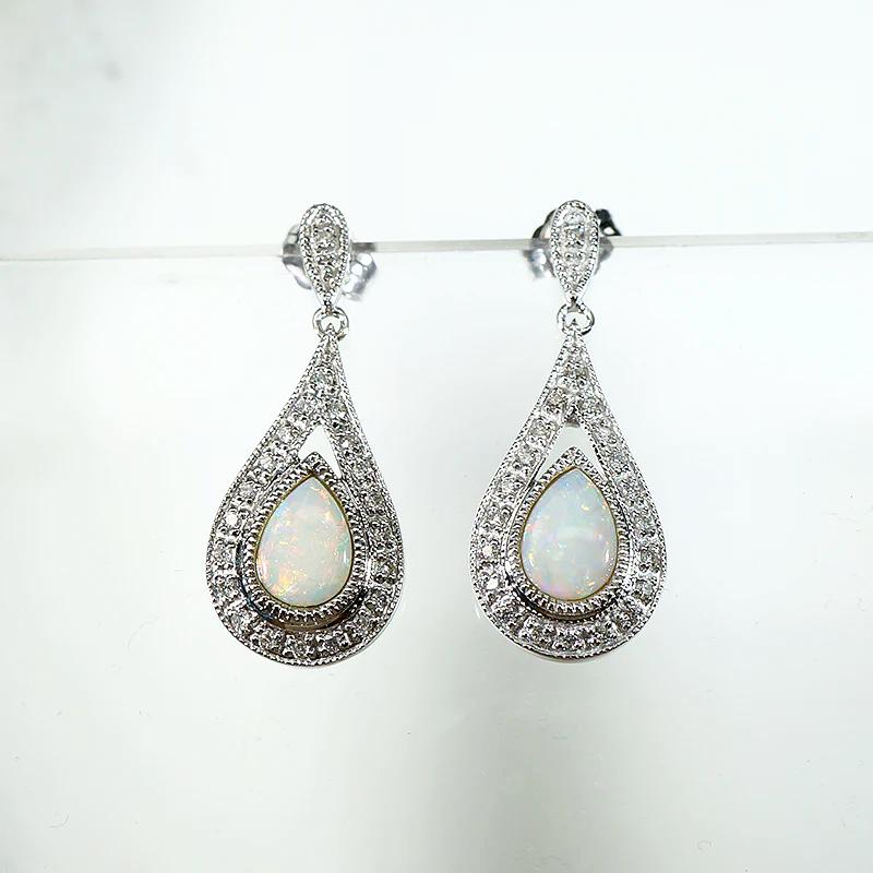 Opal Teardrop Earrings in Diamond Paved White Gold